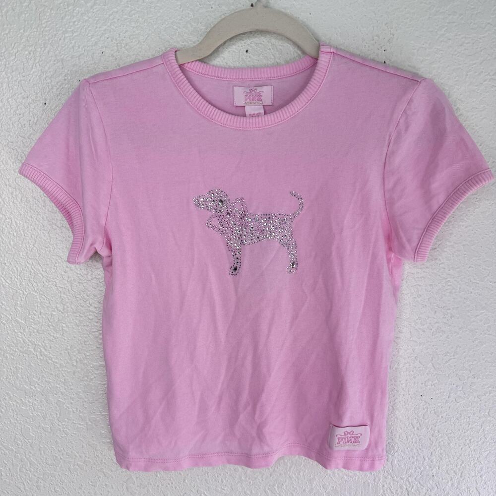 Victorias Secret PINK x LoveShackFancy Shirt Womens XS Rhinestone Dog Crop NEW